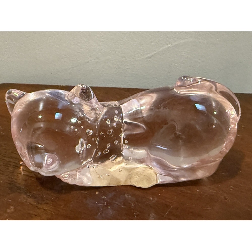 Vintage Pink Art Glass Sleeping Cat Figurine Controlled Bubbles West Dist Co 4"